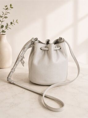 Cole Haan Gray Leather Mini Drawstring Bucket Crossbody Bag Shoulder Purse